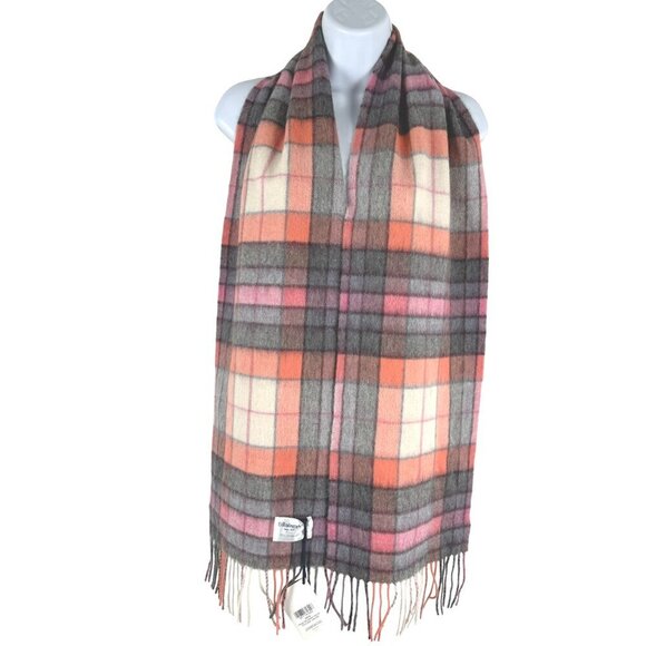 Edinburgh Scarf Lambswool Tartan Plaid Check Coral Grey NWT MC-79 - Picture 4 of 10